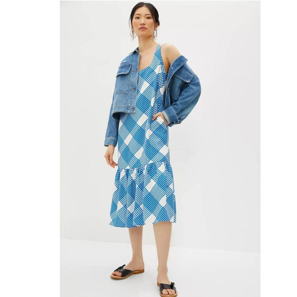 New Anthropologie Michaela Flounced Midi Dress $148 X-SMALL Blue White